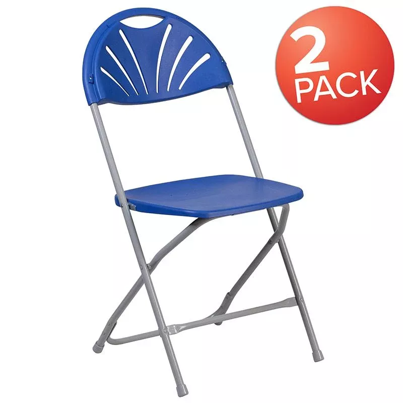 2 Pack HERCULES Series 650 lb. Capacity Blue Plastic Fan Back Folding Chair - Flash Furniture