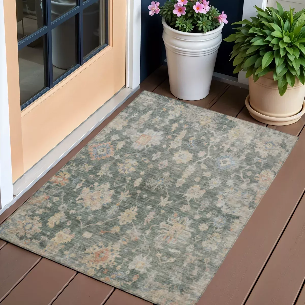 3' X 5' Artichoke Green Beige And Rust Floral Washable Indoor Outdoor Area Rug