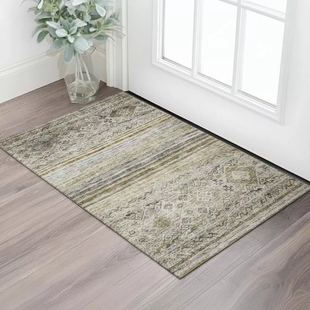 3' X 5' Brown Beige And Blue Abstract Geometric Washable Area Rug With UV Protection