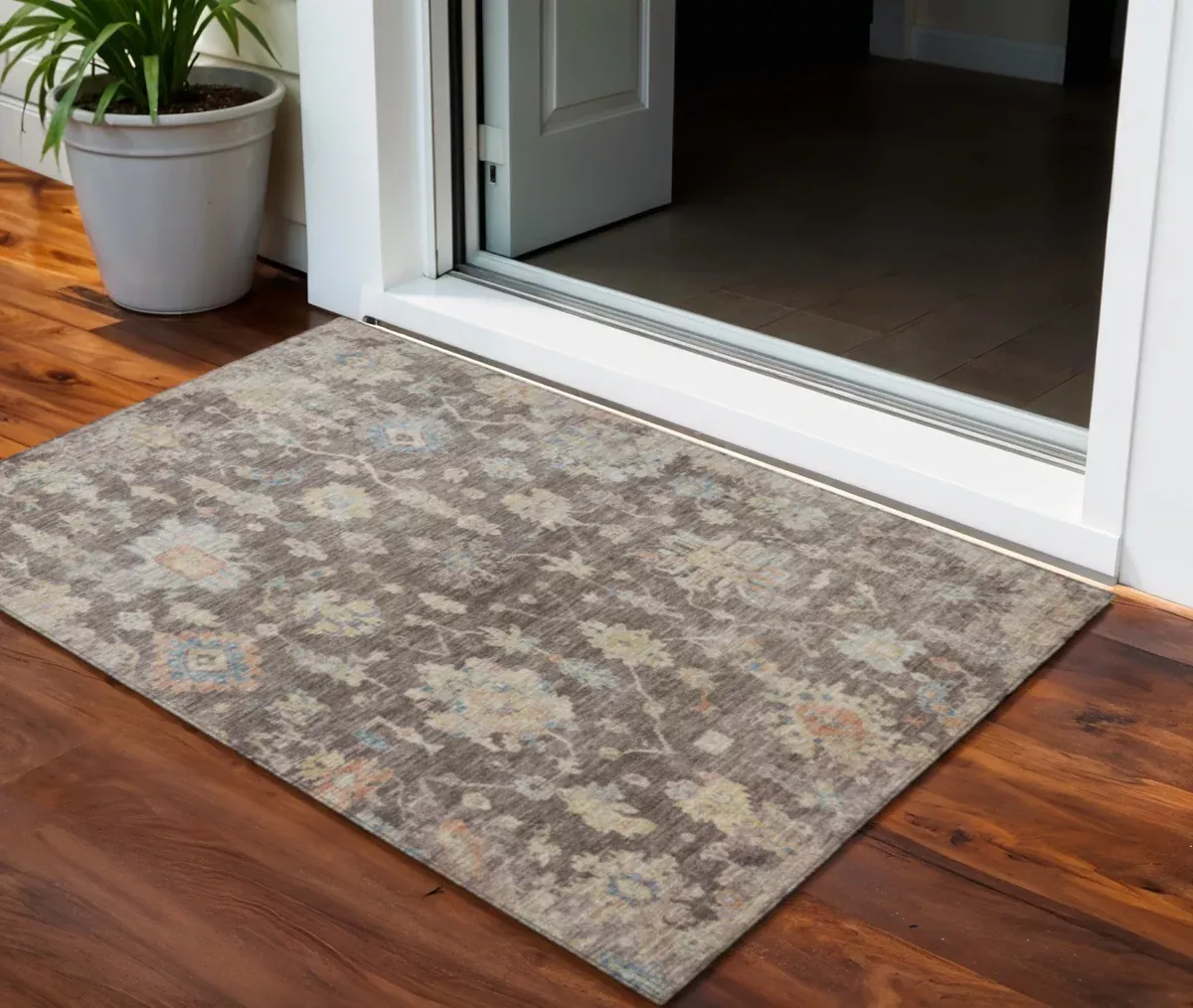 3' X 5' Chocolate Beige And Blue Floral Washable Indoor Outdoor Area Rug