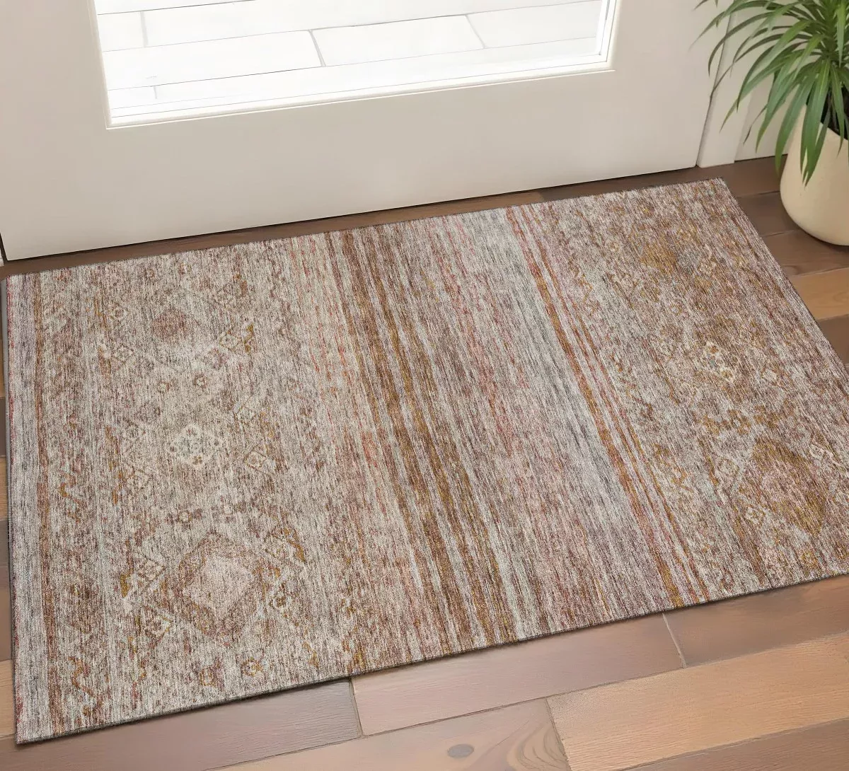 3' X 5' Copper Gray And Beige Abstract Geometric Washable Area Rug With UV Protection