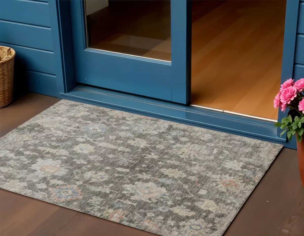 3' X 5' Gray Beige And Blue Floral Washable Indoor Outdoor Area Rug
