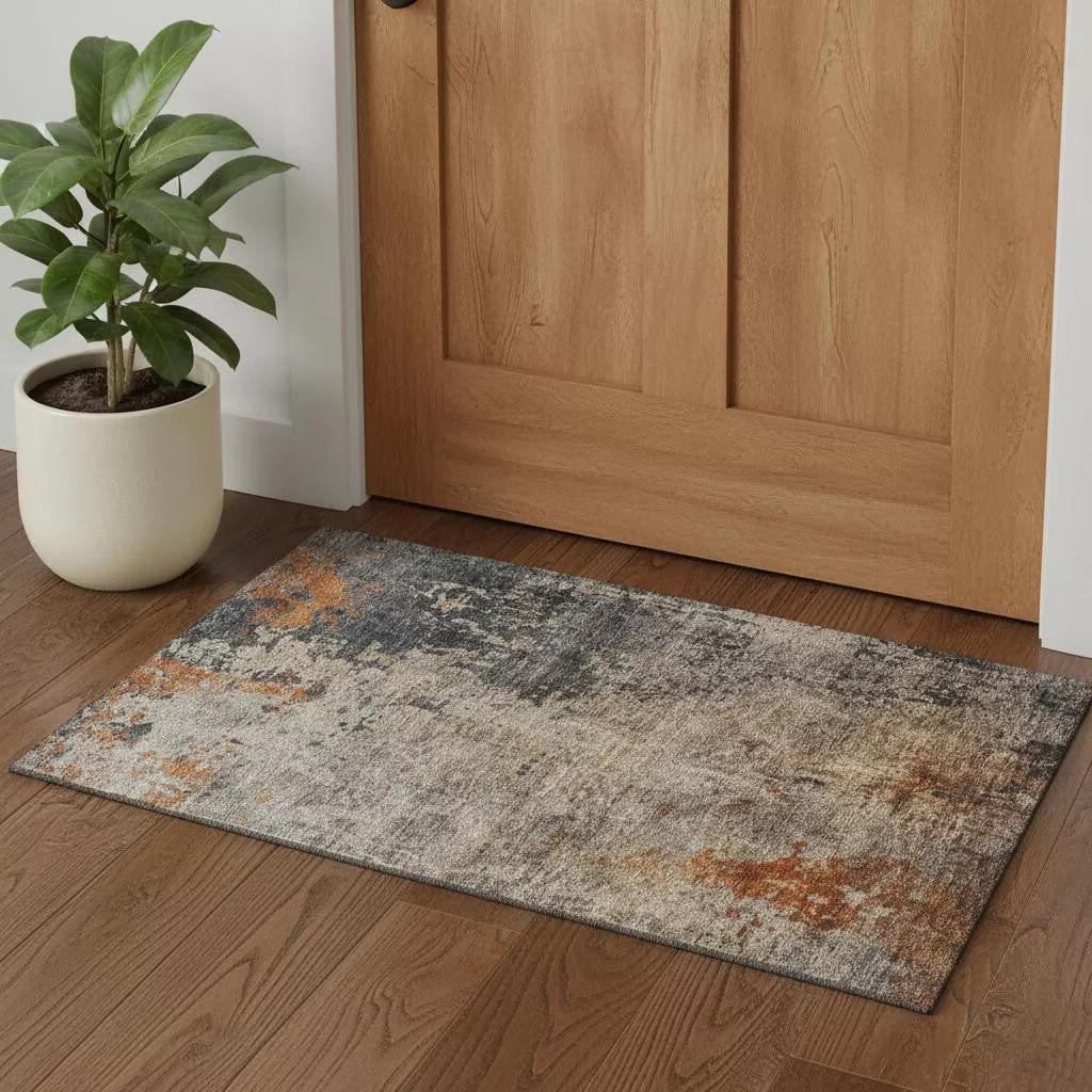 3' X 5' Khaki Beige And Blue Abstract Washable Area Rug With UV Protection