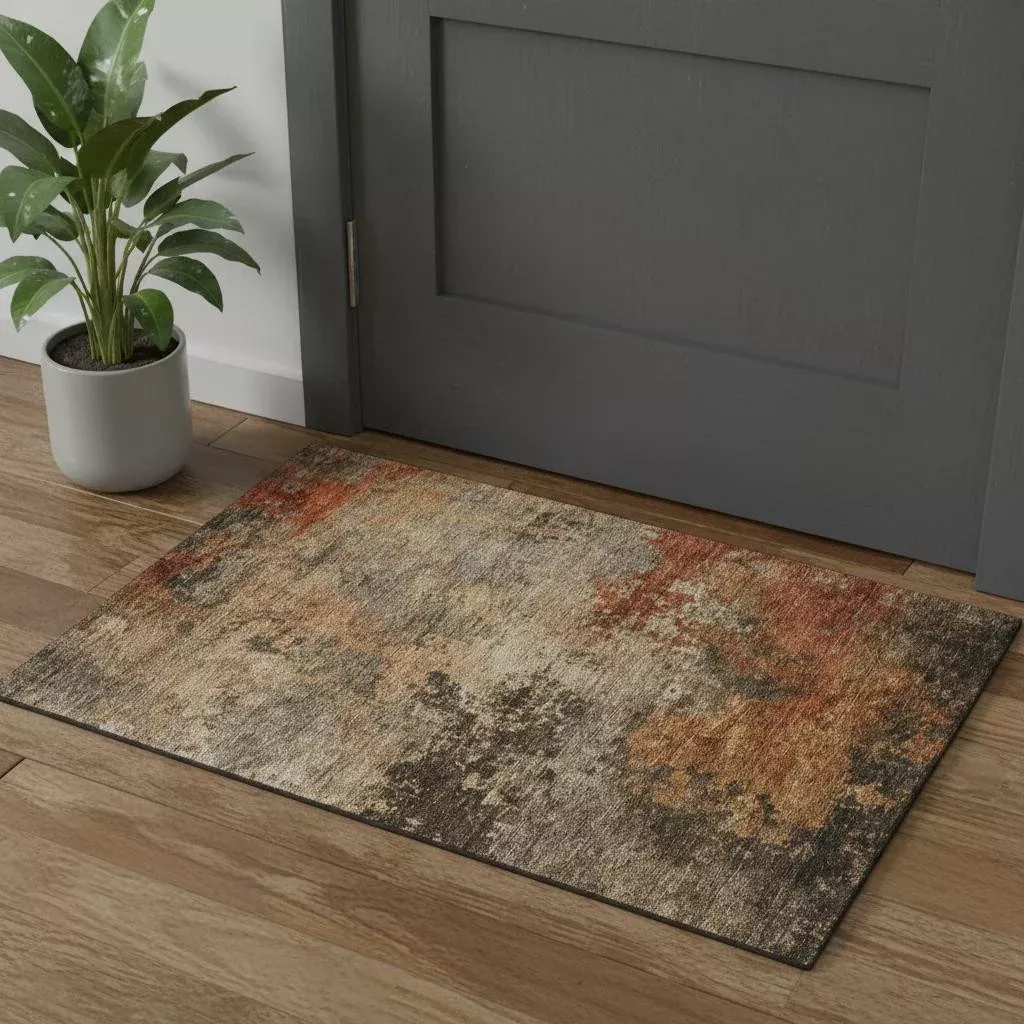 3' X 5' Khaki Red And Charcoal Abstract Washable Area Rug With UV Protection