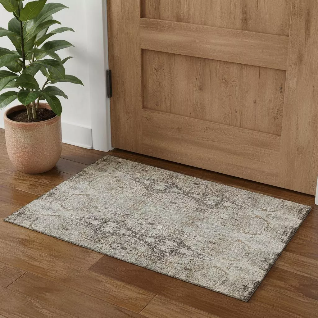 3' X 5' Linen Gray And Silver Abstract Washable Area Rug With UV Protection