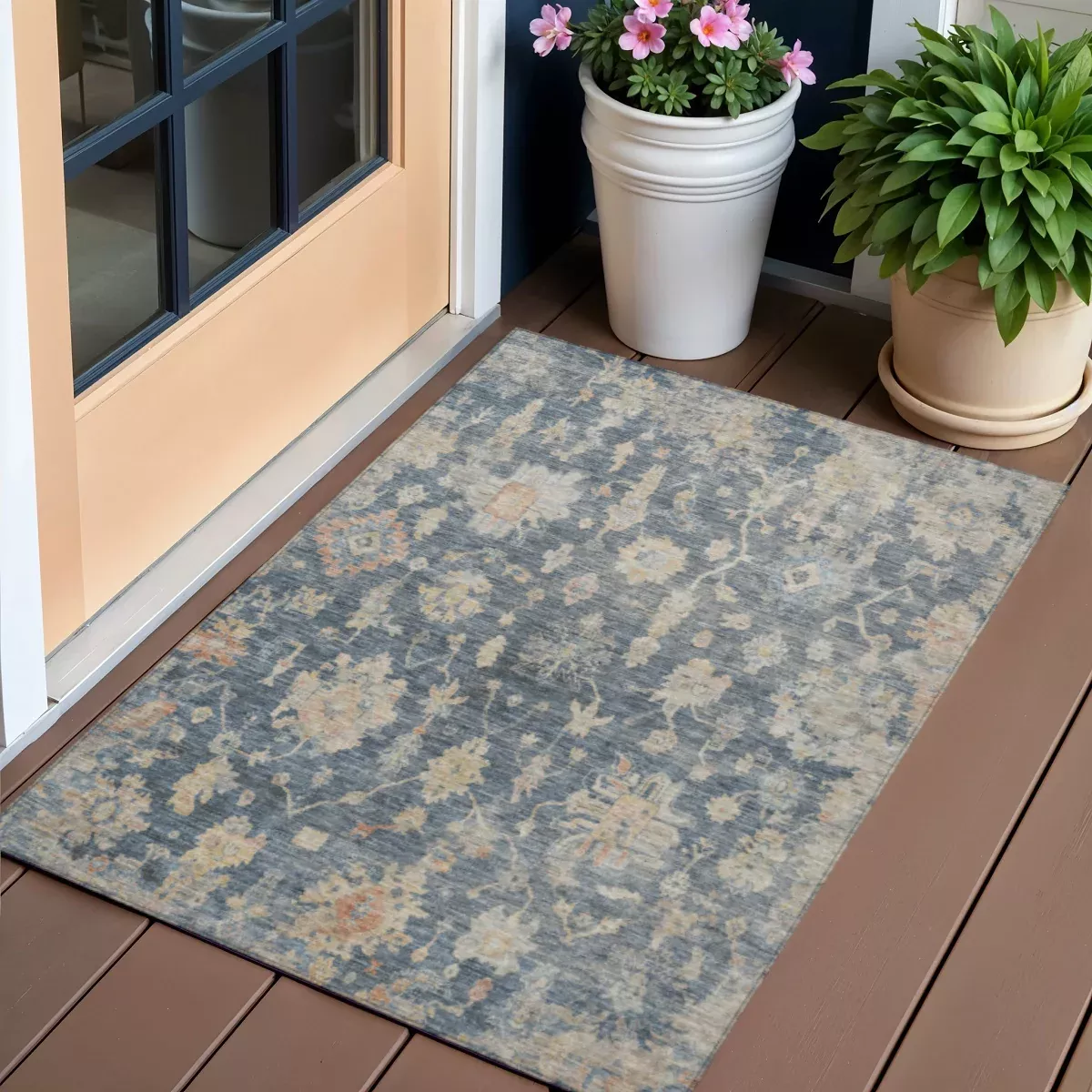 3' X 5' Navy Blue Beige And Rust Floral Washable Indoor Outdoor Area Rug