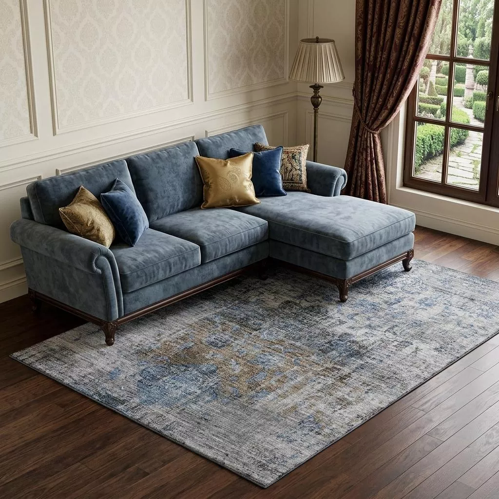 8' X 10' Blue Gray And Silver Floral Medallion Washable Area Rug With UV Protection