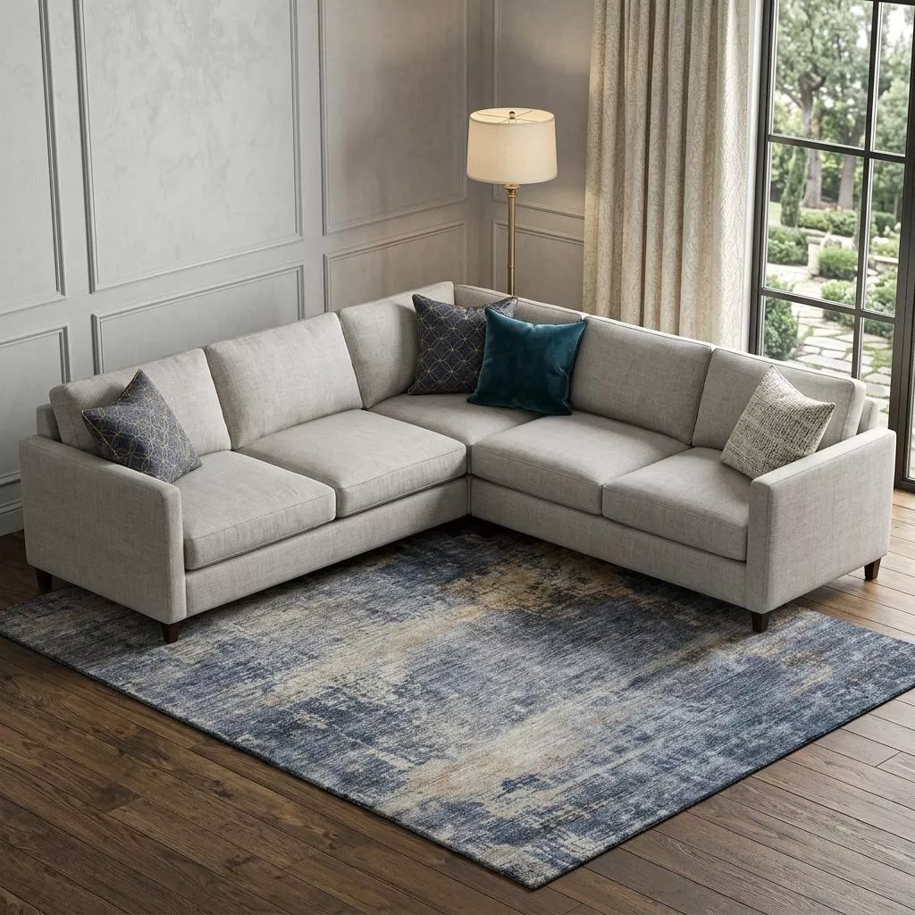 8' X 10' Denim Blue Silver And Beige Abstract Washable Area Rug With UV Protection