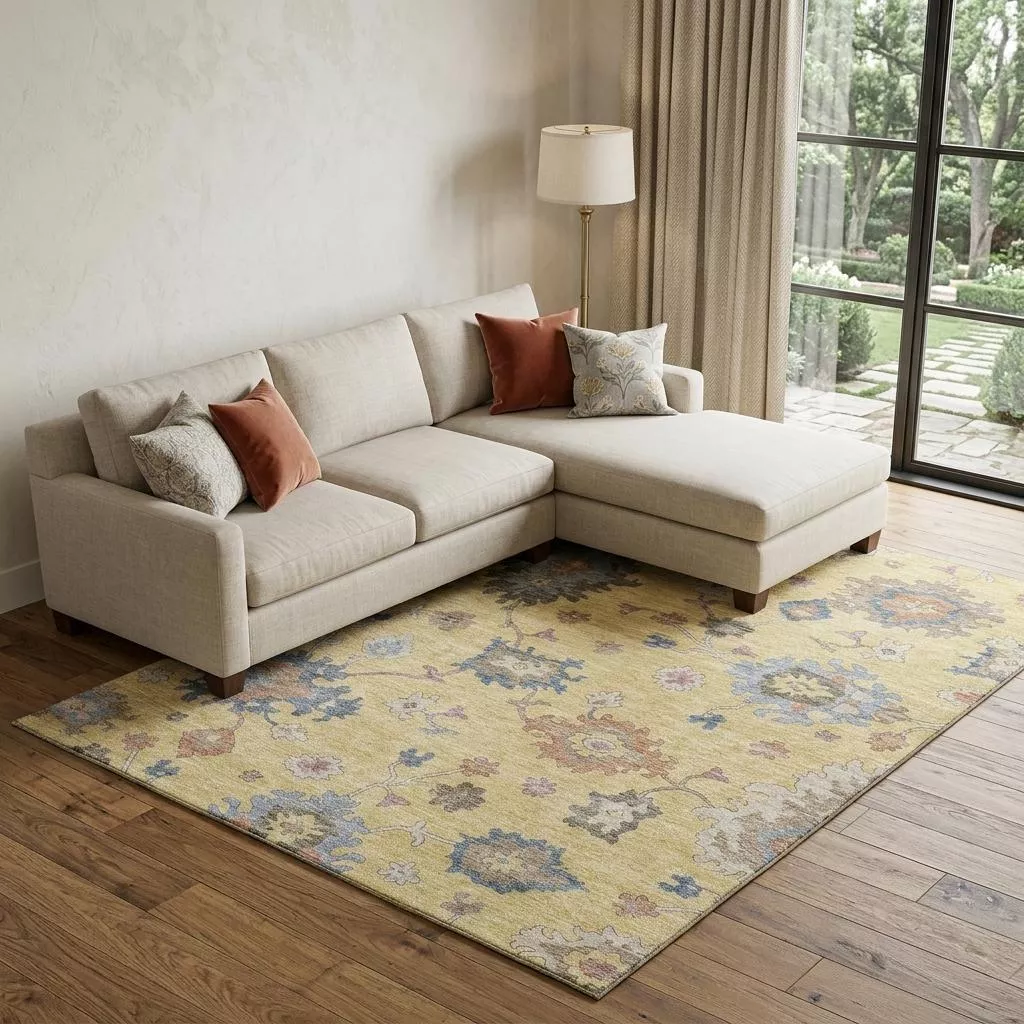 8' X 10' Gold Blue And Ivory Floral Washable Area Rug With UV Protection