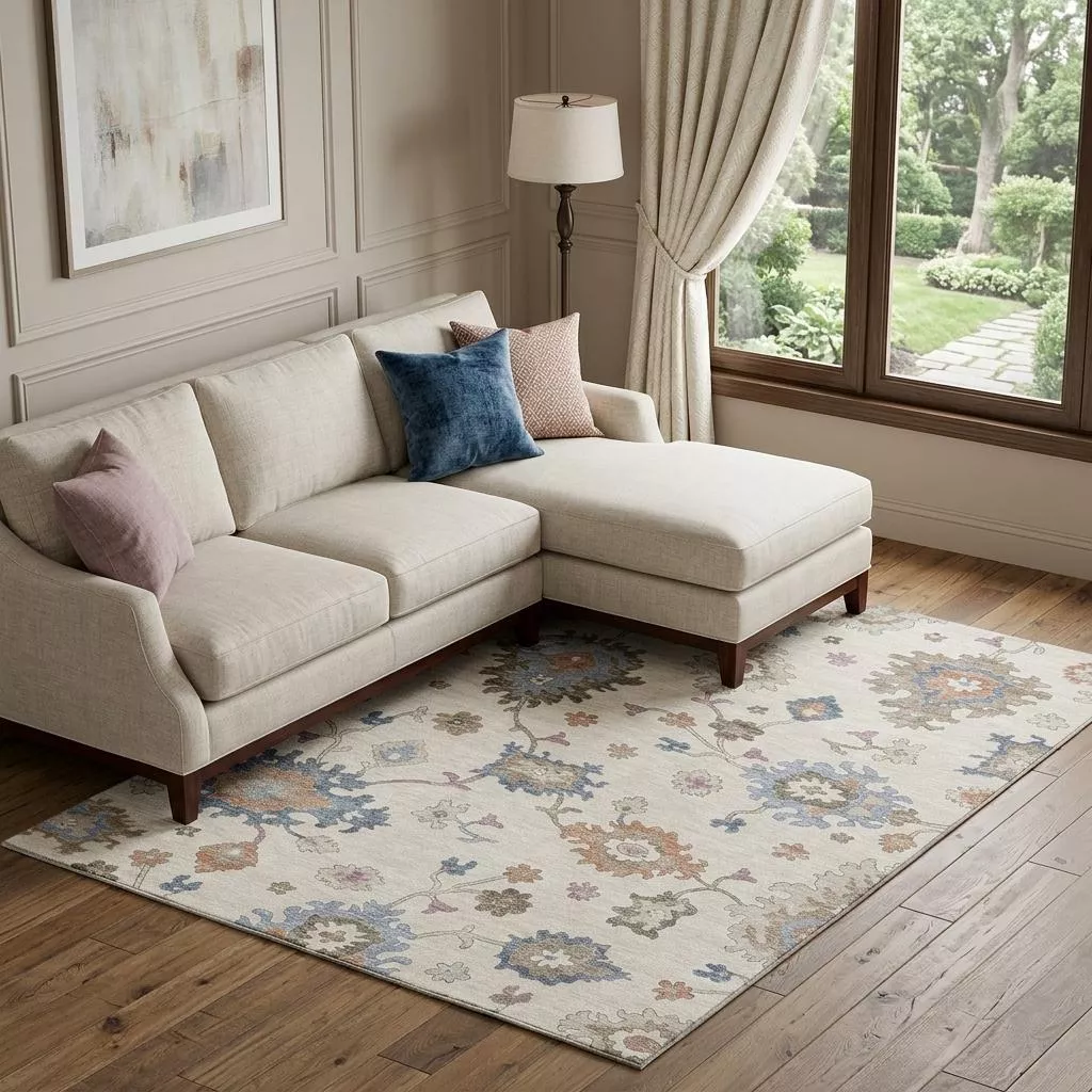 8' X 10' Ivory Blue And Coral Floral Washable Area Rug With UV Protection