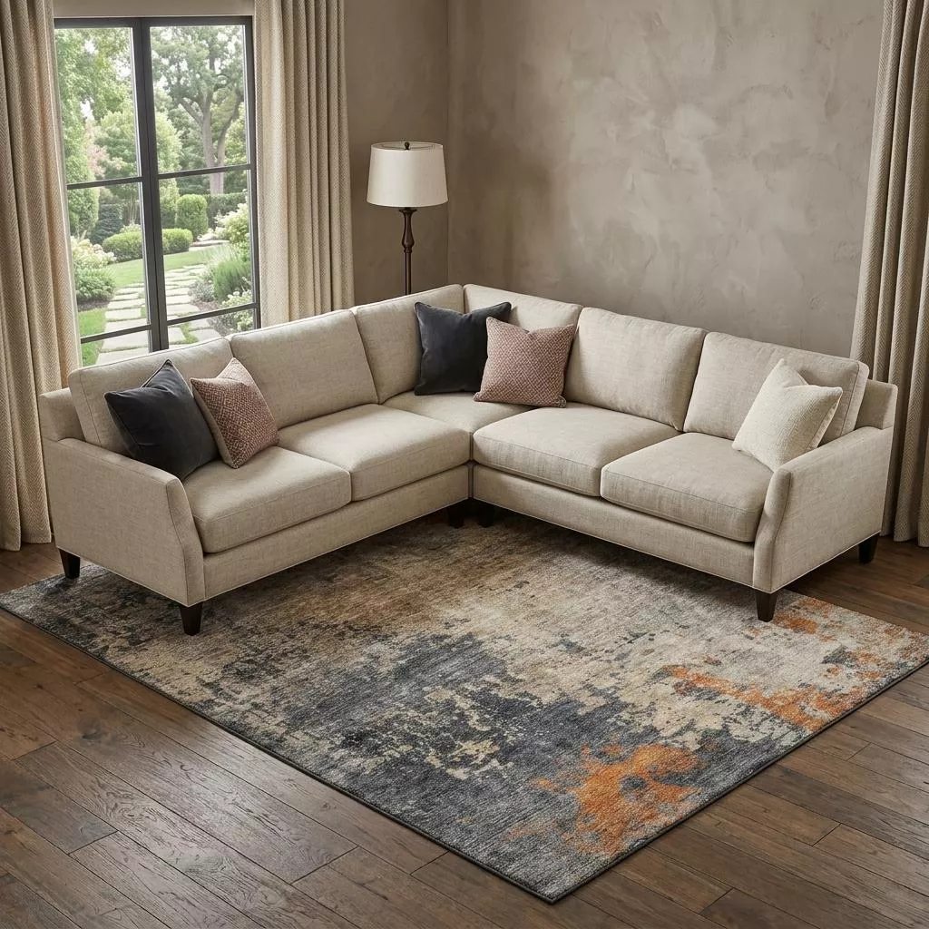 8' X 10' Khaki Beige And Blue Abstract Washable Area Rug With UV Protection
