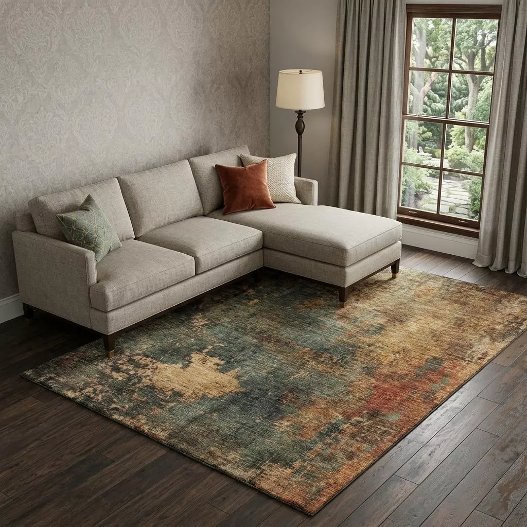 8' X 10' Sage Copper And Gold Abstract Washable Area Rug With UV Protection
