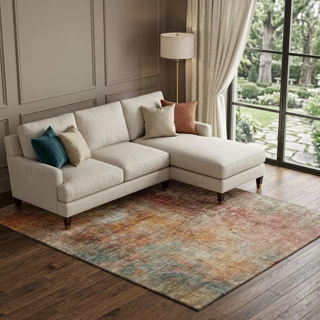 8' X 10' Tan Beige And Red Abstract Washable Area Rug With UV Protection