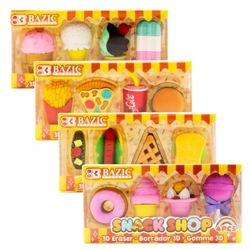 BAZIC Products 3D Erasers, Food Pencil Erasers (4/Pack), 96 Count for Bulk Prizes, Prize Box, Treasure Box, Classroom Must Haves