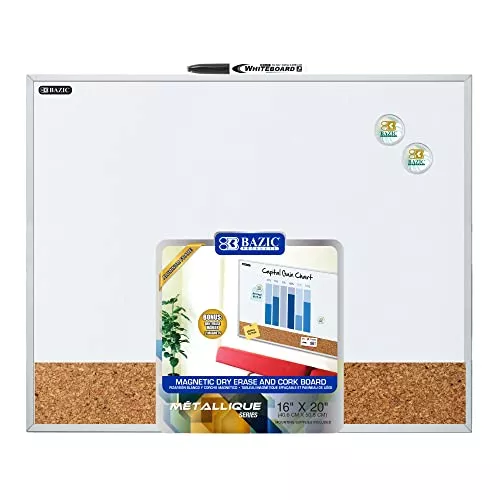 BAZIC Products Aluminum Framed Magnetic Dry Erase and Cork Combo Board 16" X 20", Black Marker, Magnets, Whiteboard for Teacher Office, 1-Pack