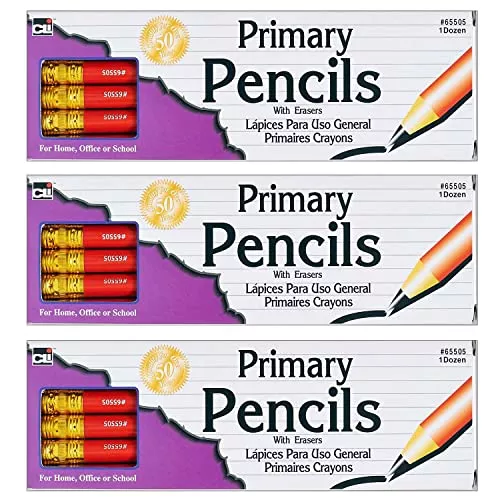 Charles Leonard Primary Pencil, 0.41", Red with Eraser, 12 Per Box, 3 Boxes