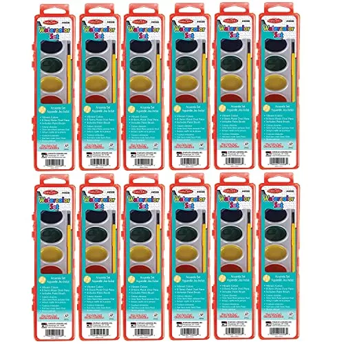 Charles Leonard Semi-Moist Watercolor Paint Set, Oval Pan with Brush, 8 Assorted Colors, 12 Sets