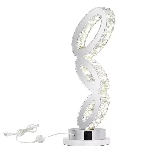 CWI Lighting 9" Chrome Table Lamp with Integrated LED – 3-Ring Design, Faceted Crystal Embellishments – 23" Height, Dimmable Glam Lighting for Bedroom, Office – BACL Certified, 3-Year Warranty