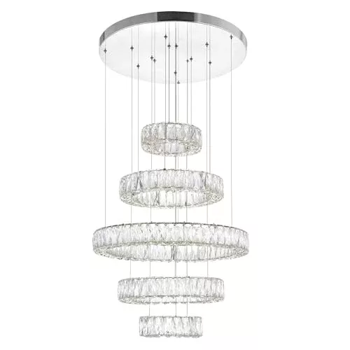 CWI Lighting Madeline 24-Inch 5-Ring Chandelier with Integrated LED, Chrome Finish – Modern Glam Ceiling Light Fixture for Living Room, Dining Room, Entryway
