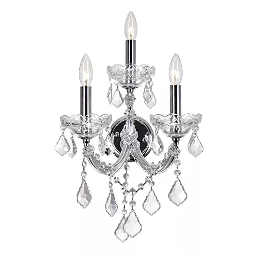CWI Lighting Maria Theresa 3-Light Wall Sconce – 12 Inch Chrome Finish with Crystal Accents – Elegant Candle-Style Wall Light for Bedroom, Living Room, Hallway