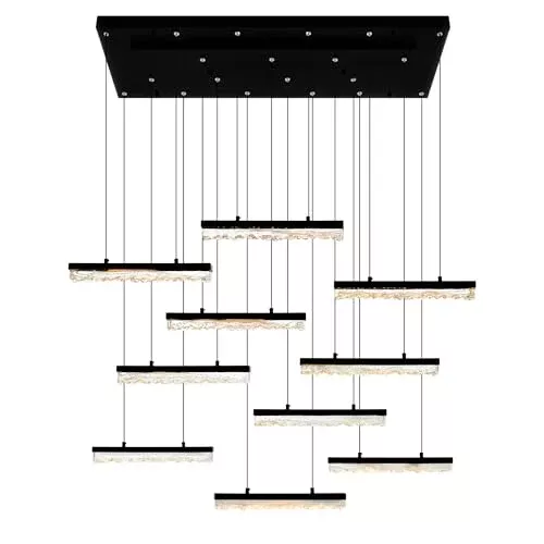 CWI Lighting Stagger Integrated LED 48" Black Modern Chandelier with Handmade Textured Glass for Dining Room Foyer Bedroom Living Room
