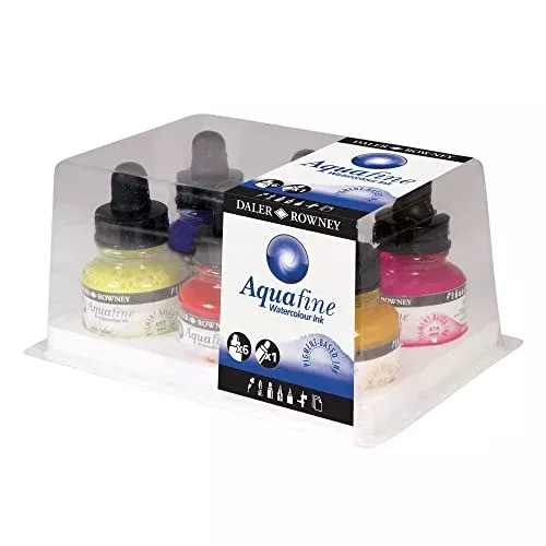 Daler-Rowney Aquafine Watercolor Ink 6-Color Intro Set - Versatile Liquid Watercolor Ink for Artists and Students - Use with Paint Brushes, Technical Pens, Airbrushes, and Paint Markers
