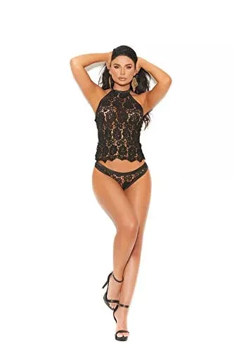 Elegant Moments 30014 Crochet Lace Halter Cami Top, Black, Medium