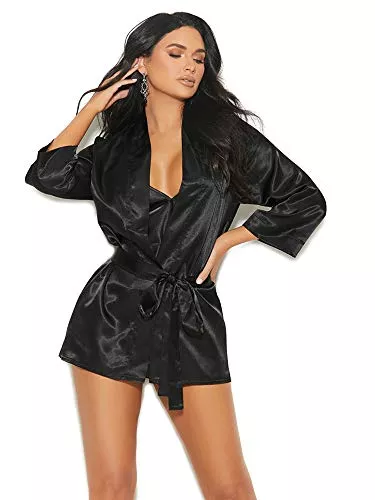 Elegant Moments Womens Soft Charmeuse 3/4 Sleeve Kimono Robe Sleepwear Black S