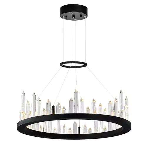 Juliette 24in Black LED Chandelier with Crystal Prisms – Modern Geometric Flush Mount Ceiling Light Fixture – Integrated LED Lighting for Dining Room, Living Room, or Entryway