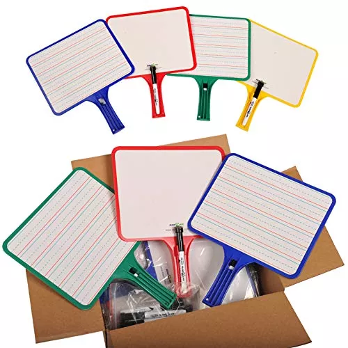 KleenSlate Blank/Lined 2-Sided Rectangular Dry Erase Paddles with Markers, Class Set of 10