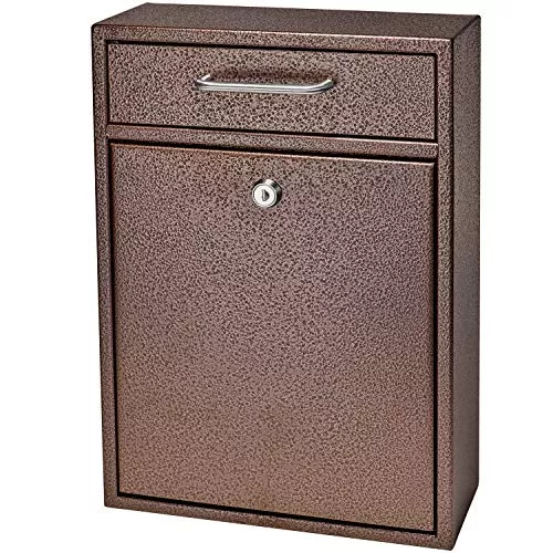 Mail Boss 7418 High Steel Locking Mounted Mailbox-Office Drop Comment Letter Deposit, Bronze Tamper-Proof Wall Hanging Secured Document Box, Medium