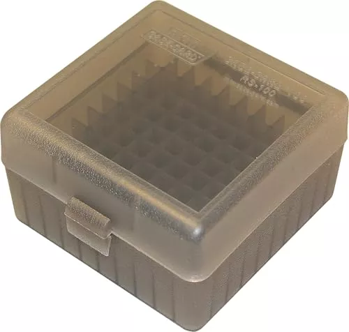 MTM RS-100-41 100 Round Rifle Ammo Box | Flip-Top | 223 204 Ruger 6x47 | Indestructible polypropylene, Snap-lock latch | USA Made | Clear Smoke