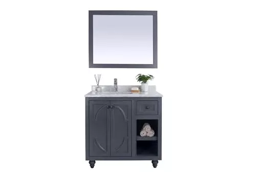 Oakestry Odyssey 36 Inch Maple Grey Bathroom Vanity Single Sink White Carrara Marble Countertop Freestanding Modern Storage Cabinet Soft Close Doors Premium Washroom Furniture