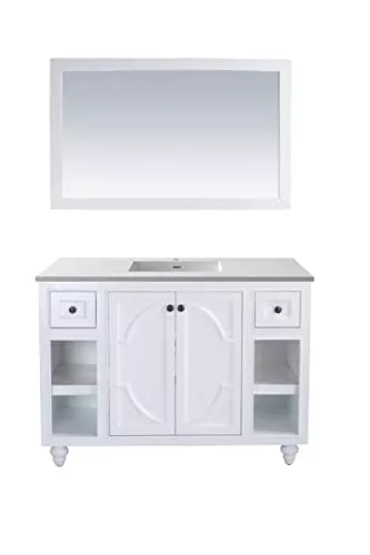 Oakestry Odyssey 48 Inch White Bathroom Vanity Single Sink Matte White Viva Stone Solid Surface Countertop Freestanding Modern Storage Cabinet Soft Close Doors Luxury Washroom Furniture