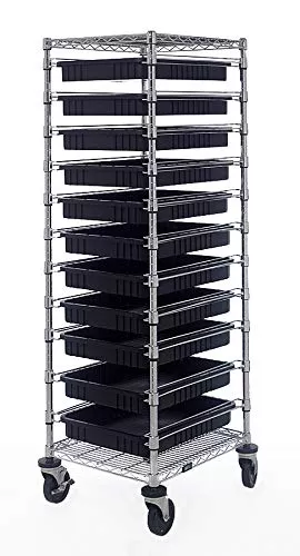 Quantum BC212469M2CO Heavy-Duty Mobile Cart | Modular Wire Storage Rack with (11) DG93030 Black Bin | (2) Shelves; (4) Swivel Casters | 1200 lbs Capacity | 21"W x 24"L x 69"H, Chrome, Carbon Steel