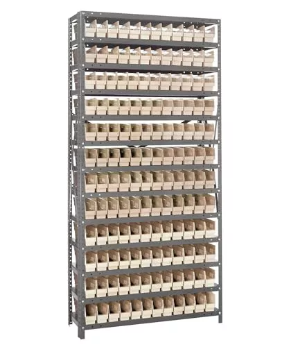Quantum Storage Systems 1275-100IV Steel Shelving Unit with 4" Shelf Bins, 12" D x 36" W x 75" H, Ivory
