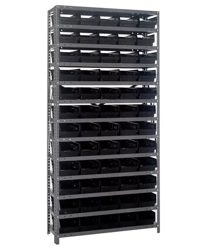 Quantum Storage Systems 1275-102BK Steel Shelving Unit with 4" Shelf Bins, 12" D x 36" W x 75" H, Black