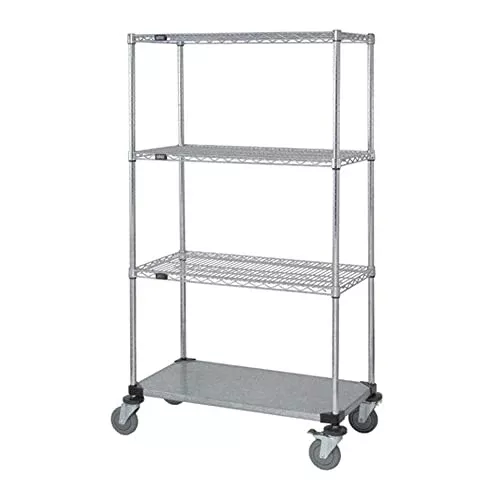 Quantum Storage Systems M2448CG46 4-Tier Wire Shelving Mobile Cart with 5" Stem Casters, 3 Wire and 1 Solid Shelf, Chrome Finish, 69" Height x 24" Width x 48" Length