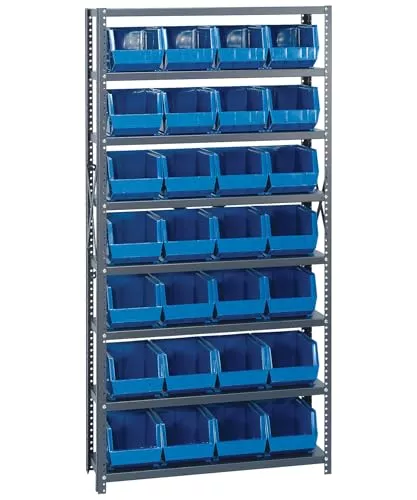 Quantum Storage Systems QSBU-239BL Giant Open Hopper Steel Shelving System, 12" D x 36" W x 75" H, with 8 Shelves and 28 QUS239 Bins, Blue