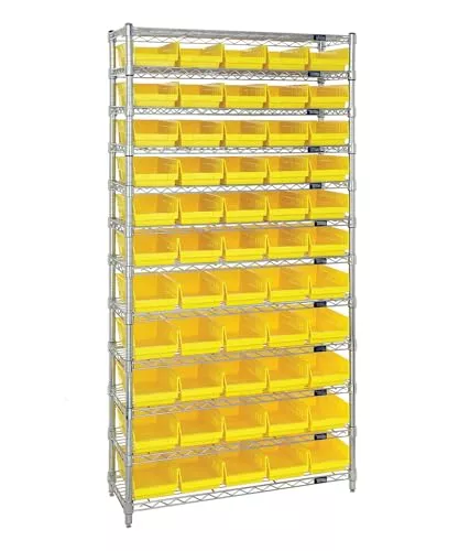 QUANTUM STORAGE SYSTEMS WR12-107CL Wire Heavy Duty 12 Shelves 74" H x 36" W x 12" D with 44 Clear Bins 12" L x 9" W x 4" H