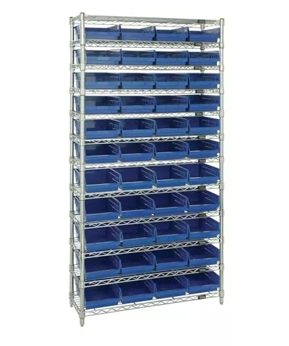 Quantum Storage Systems WR12-114BL 12-Tier Complete Wire Shelving System with 44 QSB114 Blue Bins, Chrome Finish, 24" Width x 36" Length x 74" Height