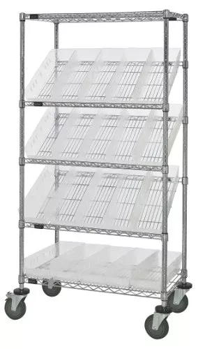 Quantum Storage Systems WRCSL5-63-1836-104IV 5-Tier Slanted Wire Shelving Suture Cart w/ 20 QSB104 Ivory Shelf Bins, 2 Horizontal & 3 Slanted Shelves, Chrome Finish, 69" H x 36" W x 18" L