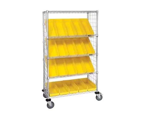 Quantum Storage Systems WRCSL5-63-1836EP-104YL 5-Tier Slanted Wire Shelving Suture Cart w/ 20 QSB104 Yellow Shelf Bins, Enclosed, 2 Horizontal & 3 Slanted Shelves, Chrome Finish, 69" H x 36" W x 18" L
