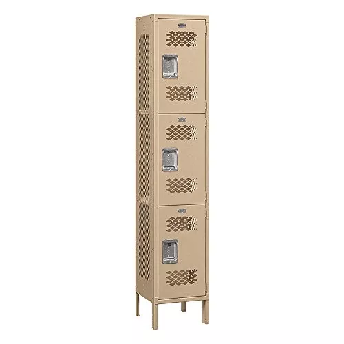 Salsbury Industries Assembled 3-Tier Extra Wide Vented Metal Locker with One Wide Storage Unit, 6-Feet High by 15-Inch Deep, Tan
