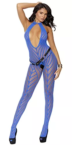 Sexy Repeat It Chevron Stripe Halterneck Keyhole Bodystocking - Royal Blue - One Size Fits Most