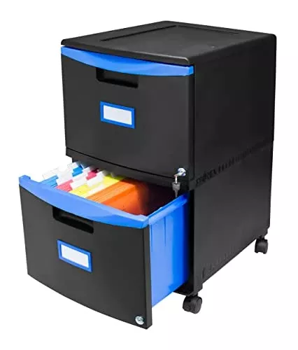 Storex Two-Drawer Mobile Filing Cabinet, 2 Legal/letter-Size File Drawers, Black/blue, 14.75" X 18.25" X 26"