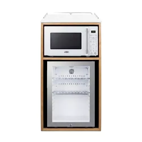 Summit 21” Coffee Station with Minibar & Microwave, 1.2 cu.ft. Refrigeration Capacity, Hospitality Cabinet, Light Oak, Black Stainless Steel - QCSMW1OAK (White Microwave)