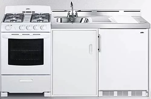 Summit 72" All-in-One Kitchenette with Gas Range, Refrigerator-Freezer, Sink, White- ACK72GASW
