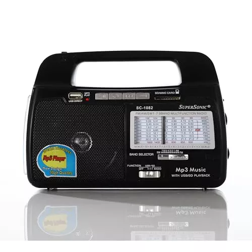 Supersonic SC-1091 4 Band AM/FM/SW1-2 PLL Portable Radio with Digital LCD Display, Clock, Alarm, Volume Control, Built-in Speaker, Telescopic Antenna, Foldable Handle, AC/DC Power and Battery Option