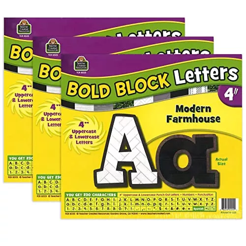 Teacher Created Resources Modern Farmhouse Bold Block 4" Letters Combo Pack, 230 Pieces Per Pack, 3 Packs